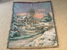 Vintage Winter Scene Mohawk Home Made in USA Throw Blanket 48" x 55"