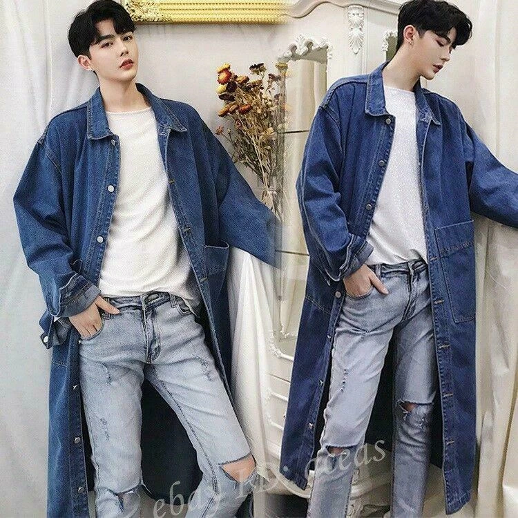 Mens Denim Long Trench Coat Loose Parkas Retro Casual Jeans Jacket Knee  Length