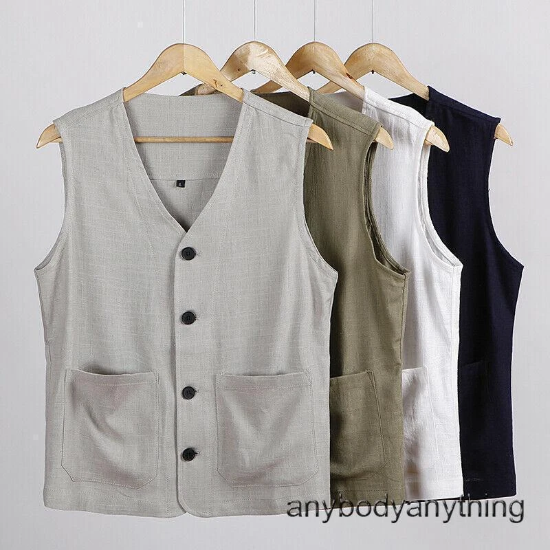 Men's Casual Cotton Linen Vest Pockets Sleeveless Waistcoat Jackets Oversize New