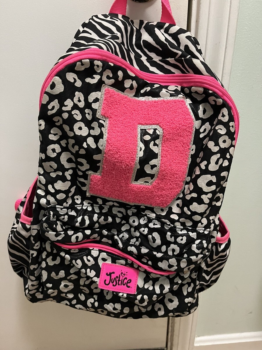 Justice Black White Pink Initial D Backpack Book Bag COW print