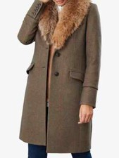 Joules Langley Green Tweed Longline Coat Faux Fur Collar Wool Size 10 Rrp £279