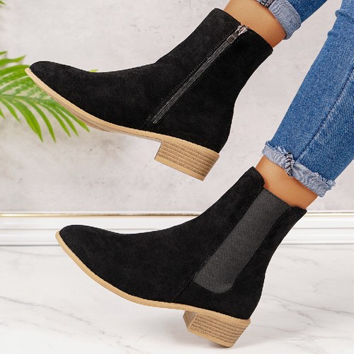 Womens Faux Suede Zip Chelsea Boots Flat Low Heel Ankle Booties Pointed