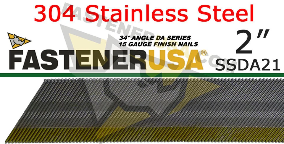 FASTENER USA DA21 15 Gauge 304 Stainless Steel Angled Finish Nail 34 Degree 2" (1,000ct)