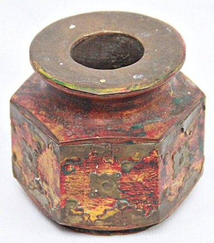 Vintage Wood Vase Brass Hexagon Decorative Hand Painted Jar Pen /Flower Holder - Foto 1 di 24