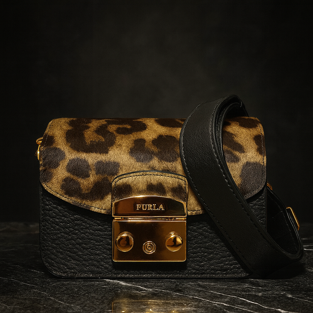 NEW FURLA Metropolis Black/Leopard Print Fur Mini Crossbody Bag