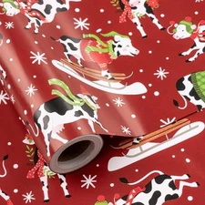  Cow Christmas Wrapping Paper Roll, Funny Skiing Cow and Santa Design Red Cow