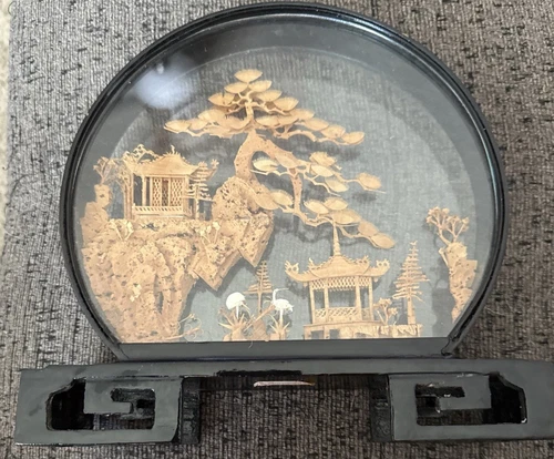 Vintage Asian Hand Carved Cork Art Diorama / Shadow Box 3D. 8.5” x 8” Circle.