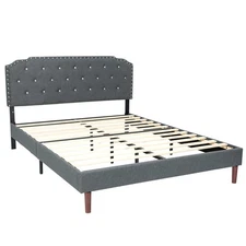 Full Upholstered Bed Frame Adjustable Diamond Button Headboard w/ Wooden Slats
