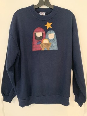 Jerzees Nu Blend Sweatshirt Size XL Patchwork Manger Scene Navy Blue