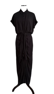 L*Space Black Maxi Shirt Dress Tie Waist Rayon Small Short Sleeve