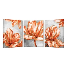 KREATIVE ARTS Canvas Set of 3 Wall Art Flower Triptych Artwork Modern Gray Or...