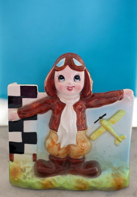 Vintage Inarco Boy with Plane Planter Japan 1950s Ceramic Figurine 5.5 