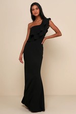 NWT Lulus Grand Beauty Black Ruffle One Shoulder Maxi Dress Gown, Size 1X