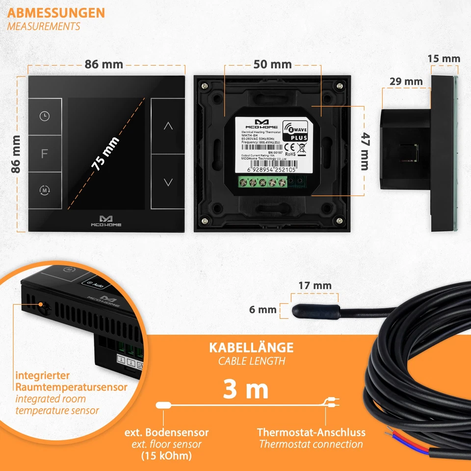 MCO Home Z-Wave Raumthermostat Thermostat schwarz Fußbodenheizung Infrarot-Heizu - Bild 4 von 4