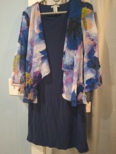 Dana Buchman Cute New Navy Dress with Floral attached overcoat 3/4 Sleeves. Sz S