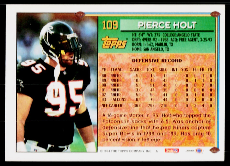 Pierce Holt, 1994 Topps Football Card, #109, Atlanta Falcons, - Image 2 of 2