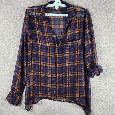UNIQ Shirt Women Small Blue Brown Plaid Sheer Button Front Long Sleeve Tunic Top
