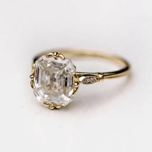 3 Ct Asscher Cut Moissanite Art Deco Vintage Wedding Ring 18k Yellow Gold Plated