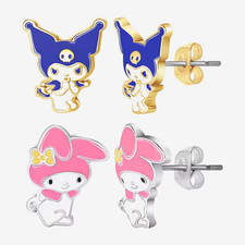 Sanrio 18K Gold Over Brass Hello Kitty Kuromi My Melody 2 Pair Earring Stud Set
