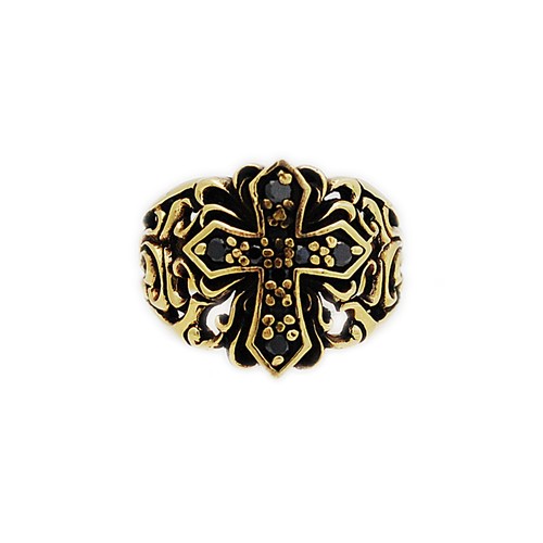 ARABESQUE BLACK CZ PAVE CROSS SOLID BRASS CHRISTIAN BIKER JEWELRY RING