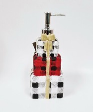 NEW CROSCILL WHITE+RED CHECKER RESIN GIFT BOXES+SILVER PUMP SOAP DISPENSER