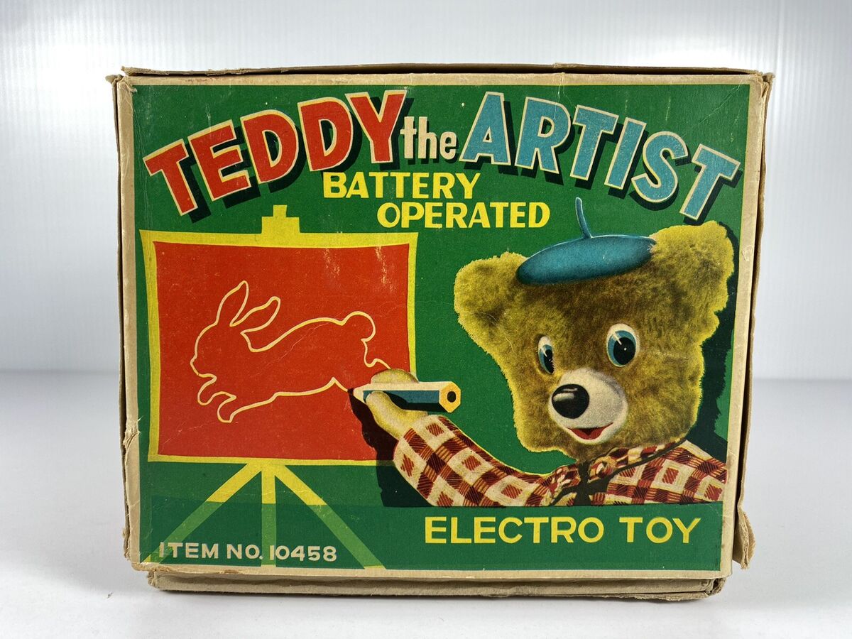 Vtg 1950s Yonezawa Japan Teddy The Artist Bear Battery Operated Tin Toy w/Box Vtg 1950s Yonezawa Japan Teddy The Artist Bear Battery Operated Tin Toy w/Box