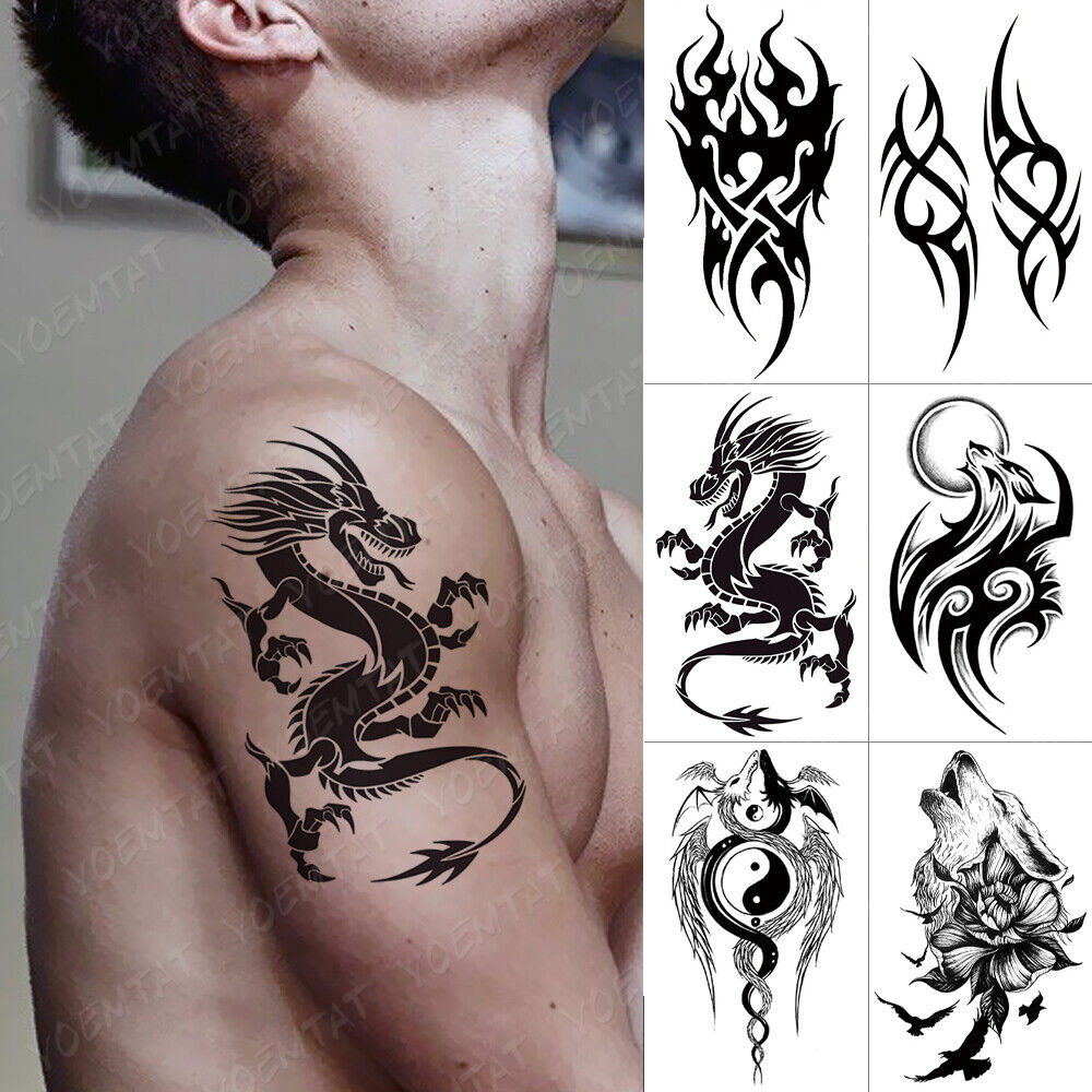 6PCS Waterproof Temporary Tattoo Sleeve Dragon Wolf Rose Flame Totem For Men  Arm | eBay