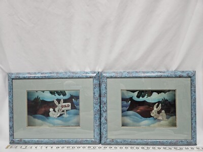 Cartoon Animation Art Cell - Bunny Rabbit Winter Snow Scene Home Set of 2