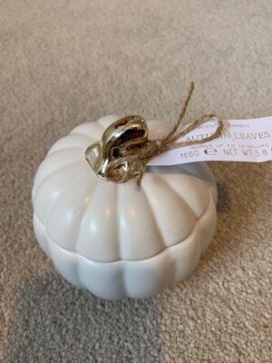 Neu Primark Weißgold Keramik Kürbis Kerze Glas Topf Autumn Leaves 165g 12 Std.