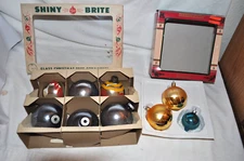 9  VTG SHINY BRITE GLASS CHRISTMAS ORNAMENTS in box GLITTER DECORATED USA MADE