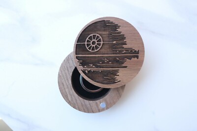 Death Star Engraved Wedding Ring Box, Black Walnut Ring Box