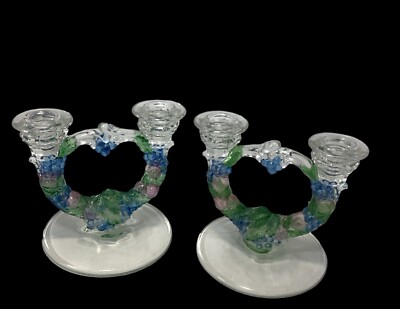 Pair of Fruit GARLAND TWO-LIGHT CANDLESTICKS Stain Color  Indiana Glass Company