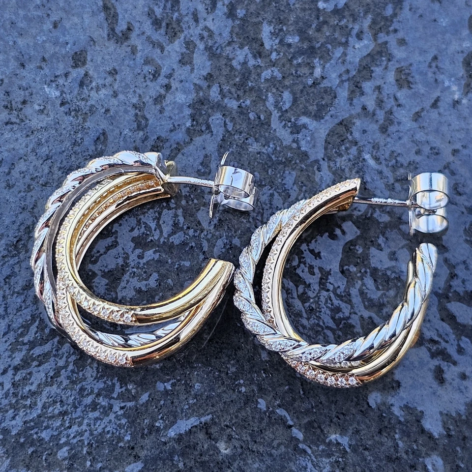 Pendientes de aro de diamantes David Yurman pavé flexible camarones 3 filas 18k rosa blanco $7500 Foto 4 de 4