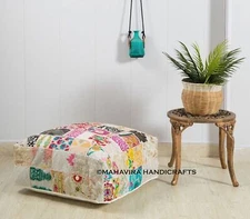 Ottoman Square Embroidered Patchwork Vintage Indian Footstool Ethnic Pouf Cover