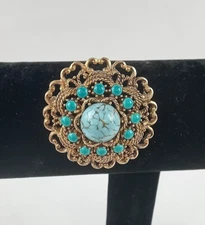 Vintage Emmons Faux Turquoise Brooch Gold Tone Rope Design 1.75-in
