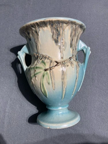 VINTAGE Roseville Pottery Turquoise Blue Moss 779-8 Double Handle 8.5" Vase Urn