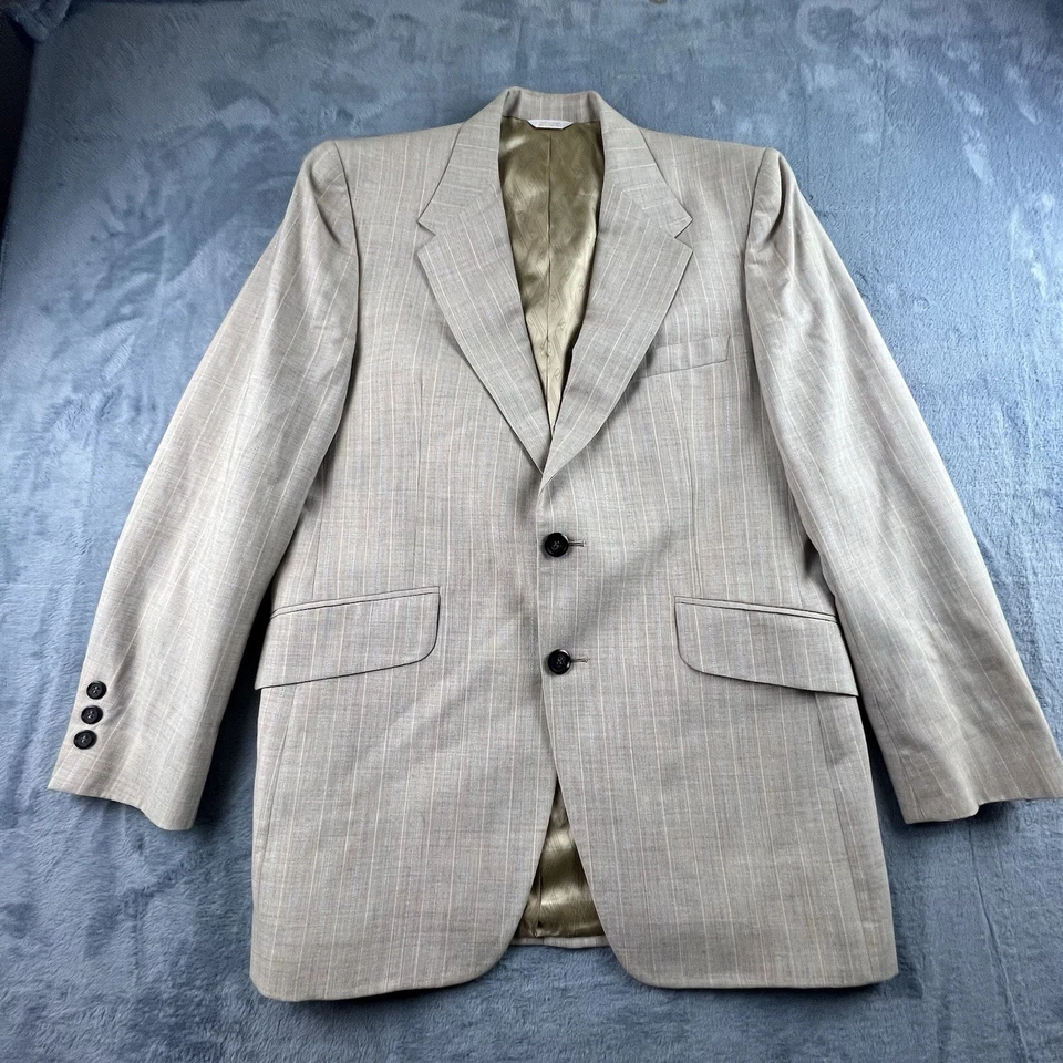 Vintage Petrocelli Mens 3 Pc Suit 42R Blazer Tan / Blue Striped W36"xL29" Pants - Image 2 of 4