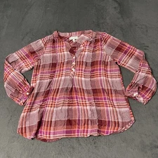 Michael Stars Shirt Women XL Plaid 3/4 Button Up Long Sleeve Flannel Popover Top