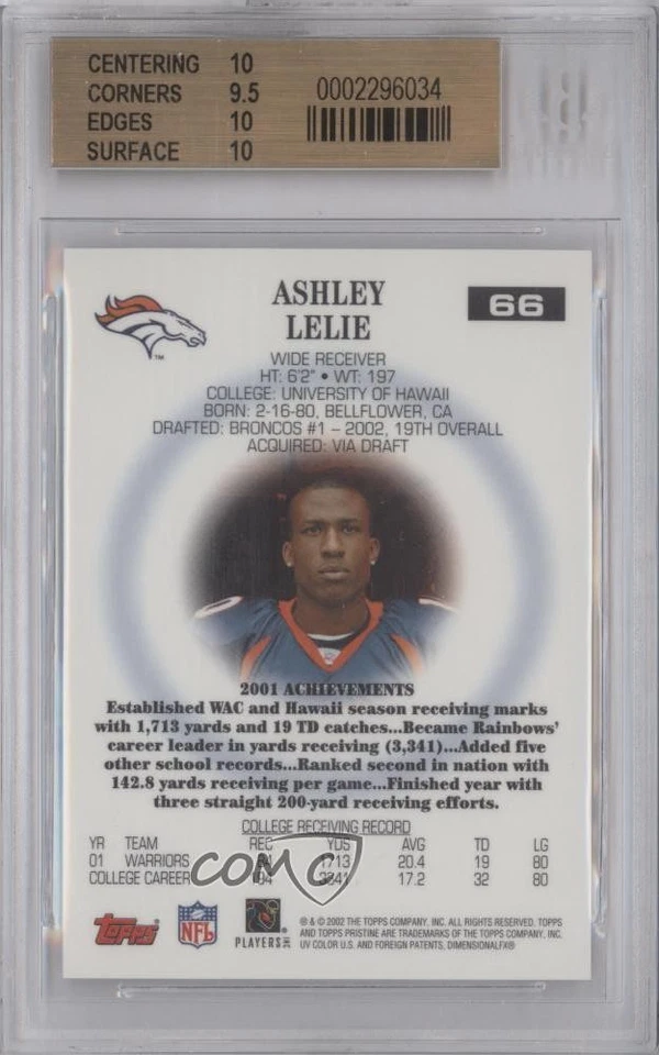 2002 Topps Pristine Ashley Lelie #66 BGS 10 PRISTINE Rookie RC - Image 2 of 2