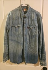 Vintage Men  s Levis Red Tab Denim LS Shirt Metal Snaps Distressed Arm Patches XL