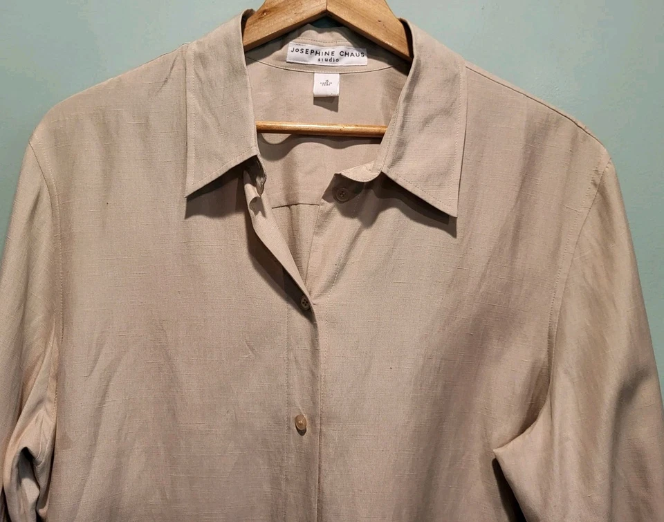 New Beige Silk Linen Long Sleeve Lightweight Button Up Top Sz 16 Minimalist - Imagem 2 de 4