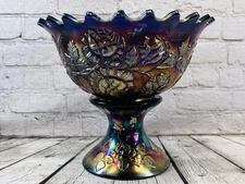 Cracked Fenton Carnival Glass Wreath of Roses Punch Bowl & Base