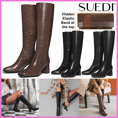 SUEDI Women Knee High Boots Square Toe Side Zipper Chunky Heel Dress Long Boots