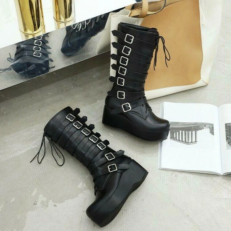 Womens Fashion Punk Buckle Strap Lace Up Mid Calf Boots Platform Shoes Plus Size