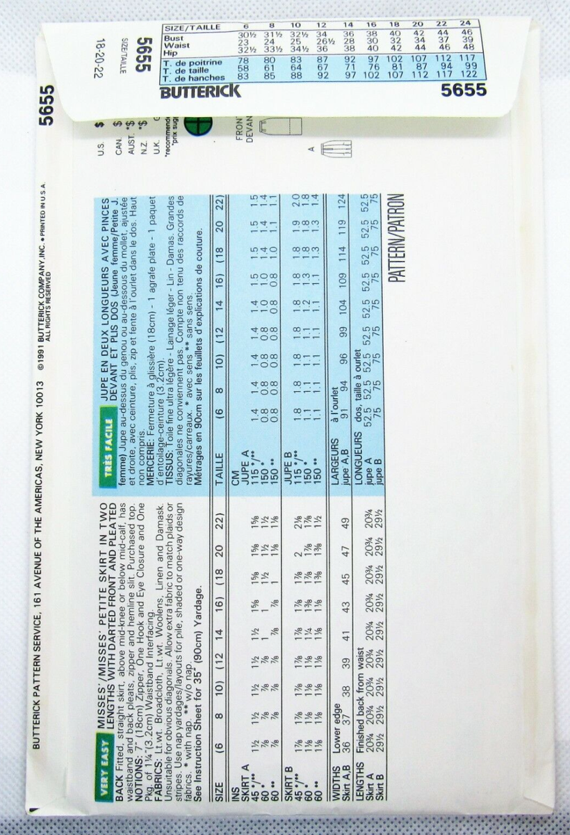 Fitted Straight Skirt Size 18 20 22 Various Lengths Butterick 5655