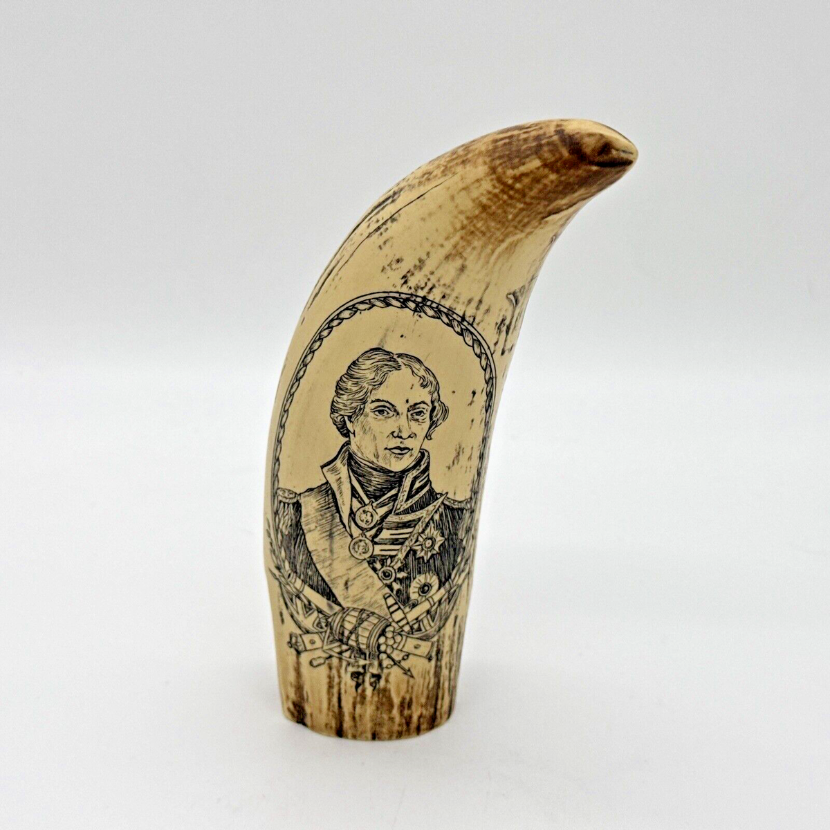Vintage Scrimshaw Resin Faux Whale Tooth W/ Commander Horatio