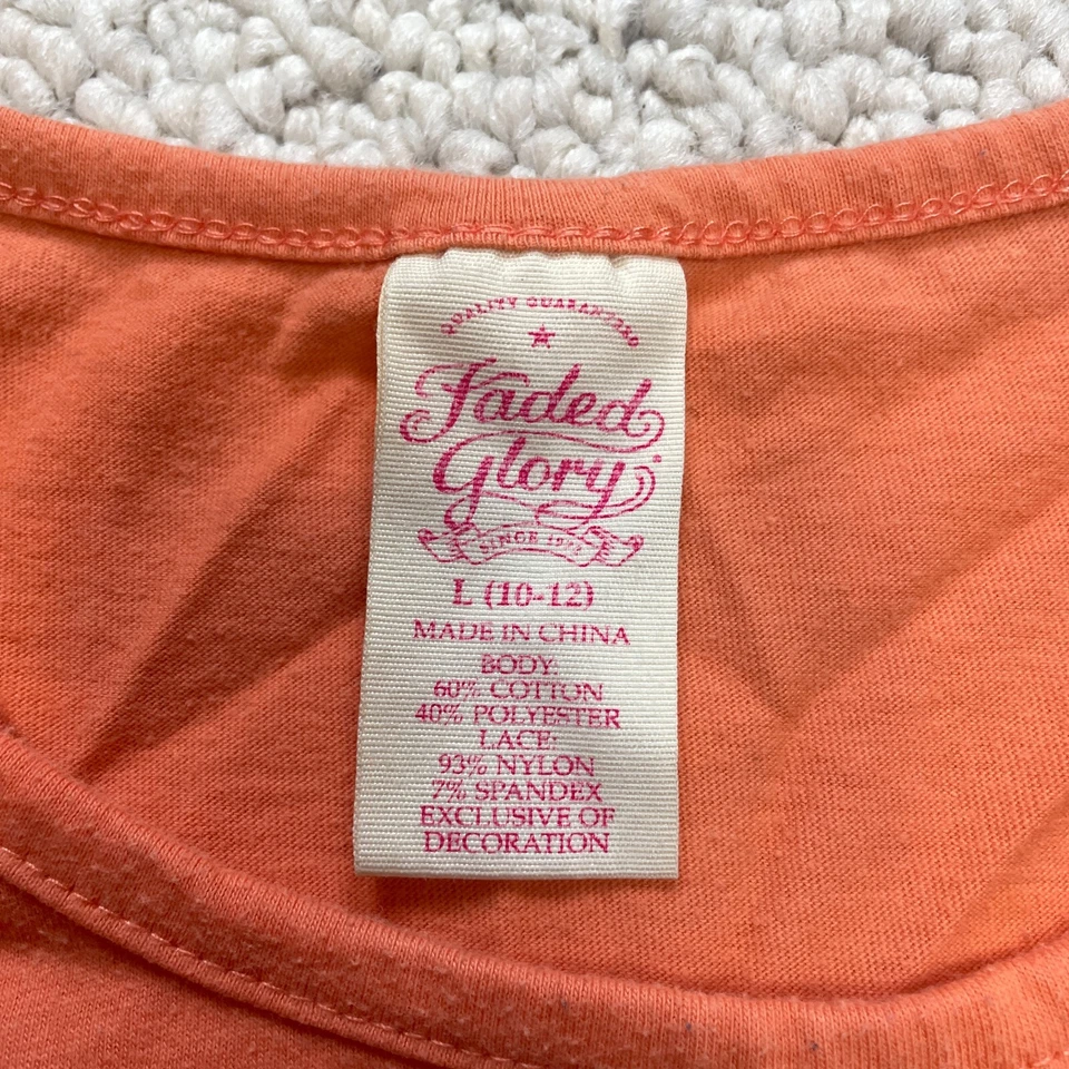 Camisa Faded Glory Meninas Grande 10-12 Laranja Manga Curta Logotipo Laço Parte Inferior Fluxa - Imagem 3 de 4