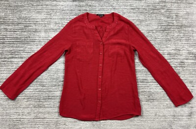 Notations Top Womens Medium Red Button Up Long Sleeve Rayon Blend Casual