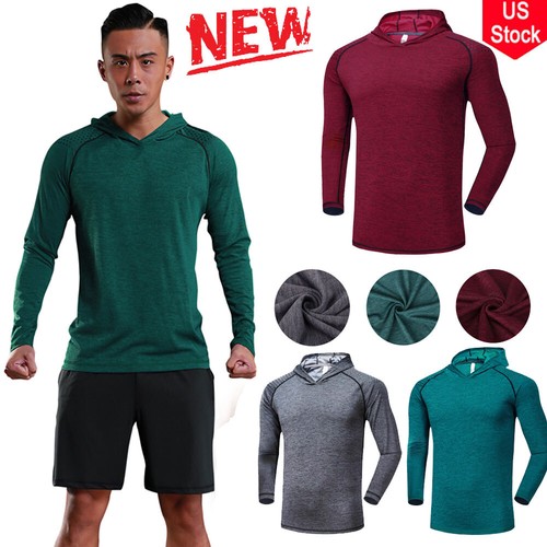 Men's Hood Sweatshirt Tight Pullover Long Sleeve T-Shirt Gym Workout Show Muscle
