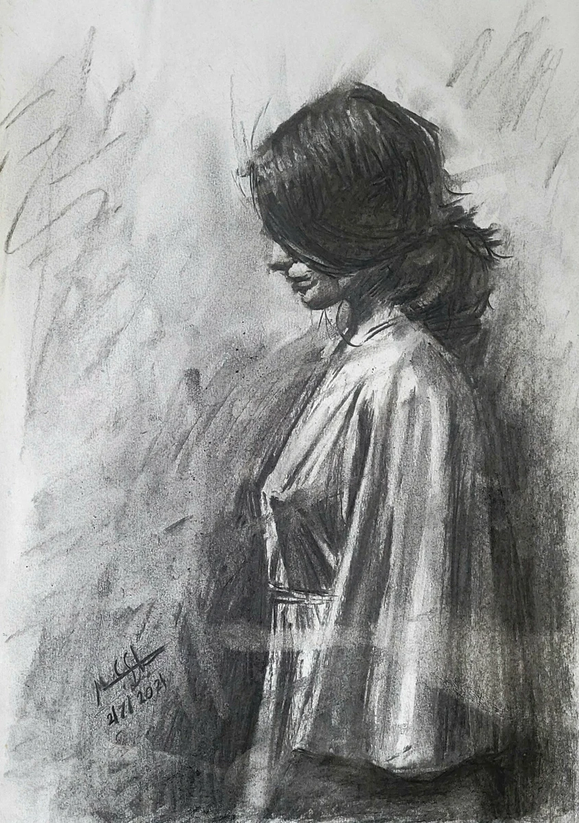 Drawing of a Girl in Charcoal and Pencil